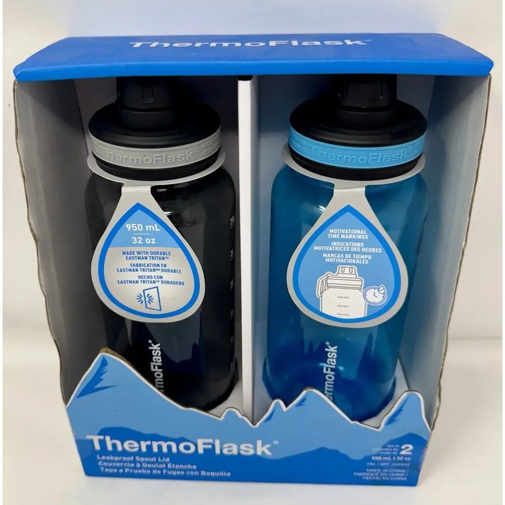 ThermoFlask 32 oz Water Bottles 2-Pack Leakproof Motivational Time Marker New